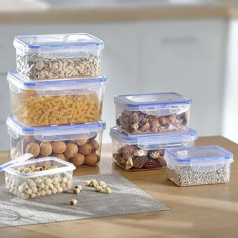 Boîte de rangement rectangulaire avec couvercle étanche pour réfrigérateur, bac à légumes en plastique, boîte à déjeuner compatible micro-ondes 4