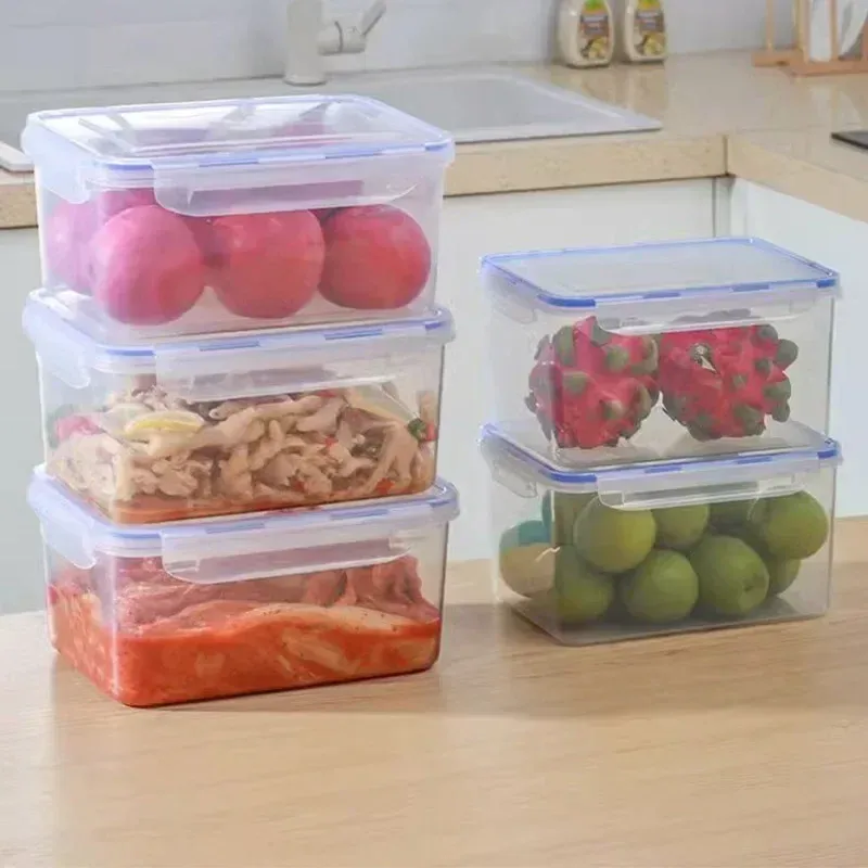 Boîte de rangement rectangulaire avec couvercle étanche pour réfrigérateur, bac à légumes en plastique, boîte à déjeuner compatible micro-ondes 5