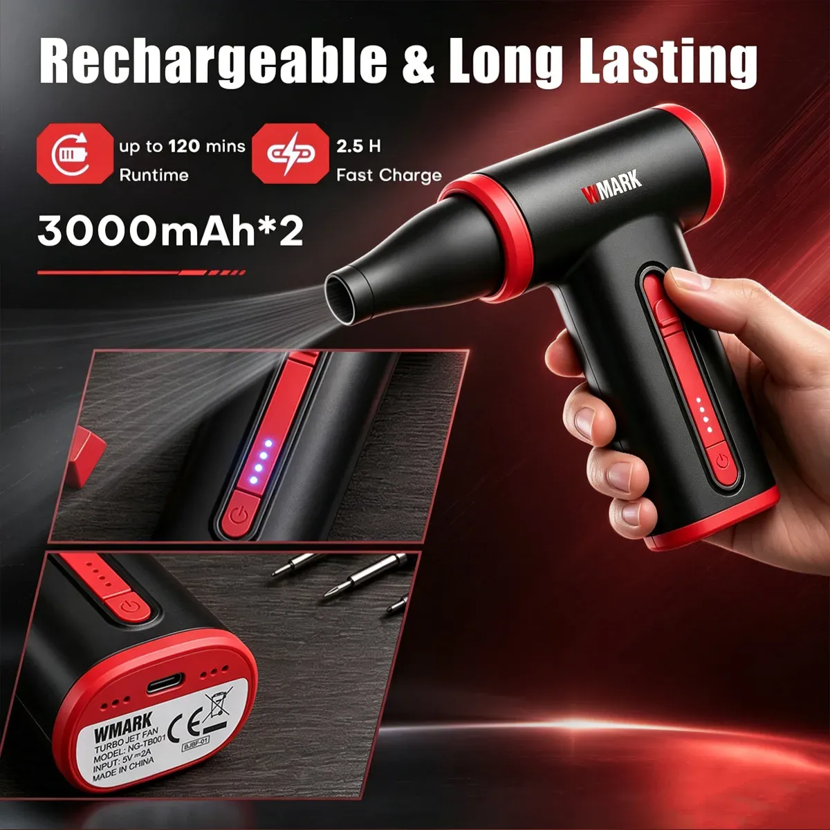 Sèche-cheveux professionnel WMARK sans fil, 130 000 tr/min, avec diffuseur et fonction aspirateur portable et souffleur de poussière, format mini pour utilisation extérieure, NG-TB001 4