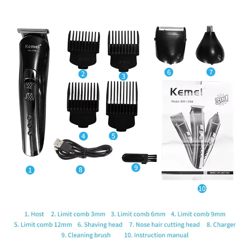 Tondeuse à cheveux électrique 3 en 1 Kemei KM-1506 rechargeable par USB, avec tondeuse nez et rasoir professionnel 3