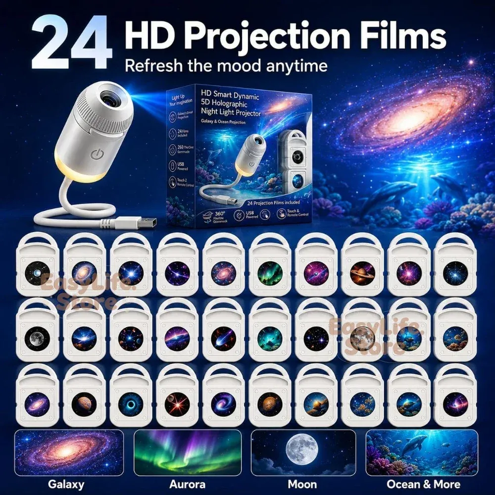 Projecteur nocturne holographique 5D 2-en-1 HD Galaxie et Océan avec 24 films pour chambre à coucher
