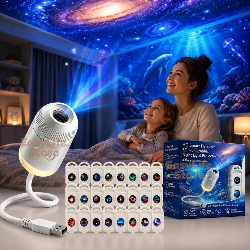 Projecteur nocturne holographique 5D 2-en-1 HD Galaxie et Océan avec 24 films pour chambre à coucher 2
