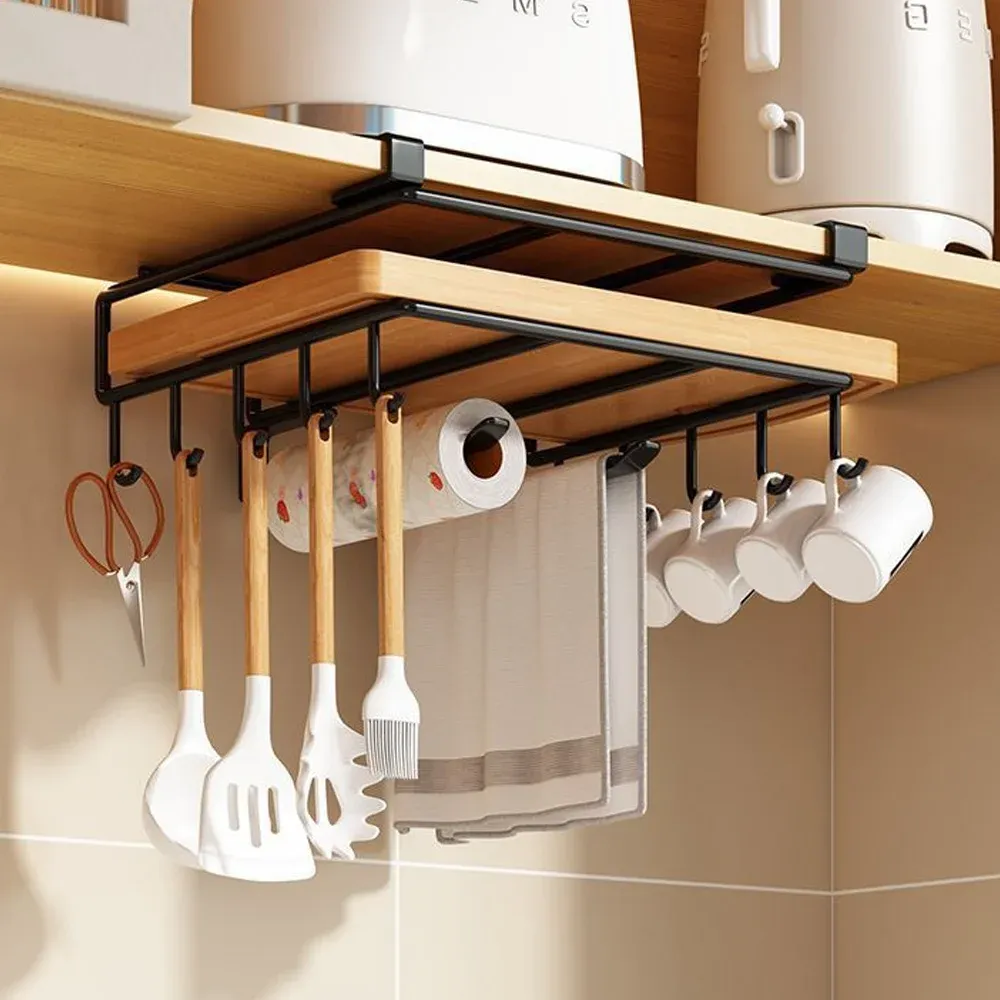 Organisateur de cuisine sous armoire avec crochets pour torchons, planches à découper et couvercles de casseroles - Image 1