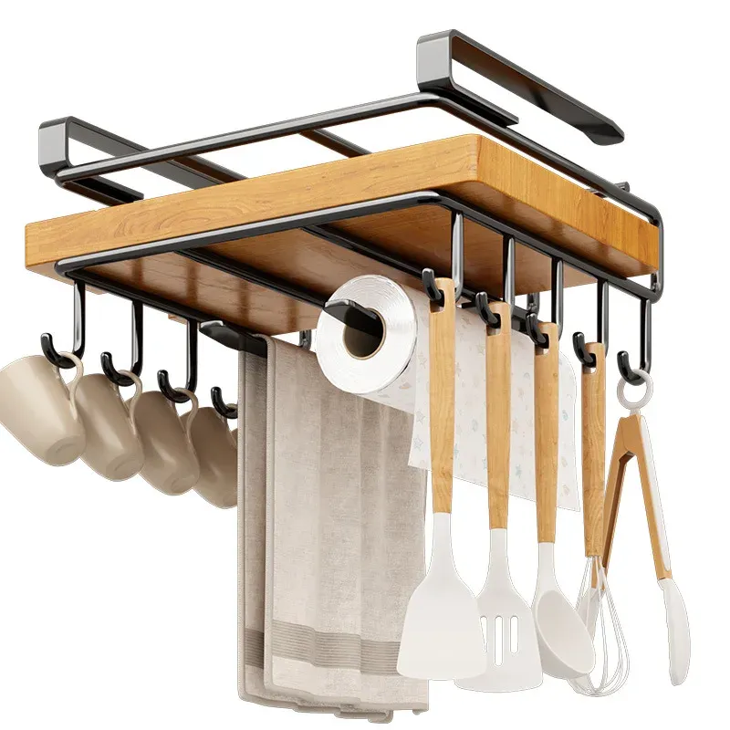 Organisateur de cuisine sous armoire avec crochets pour torchons, planches à découper et couvercles de casseroles 6