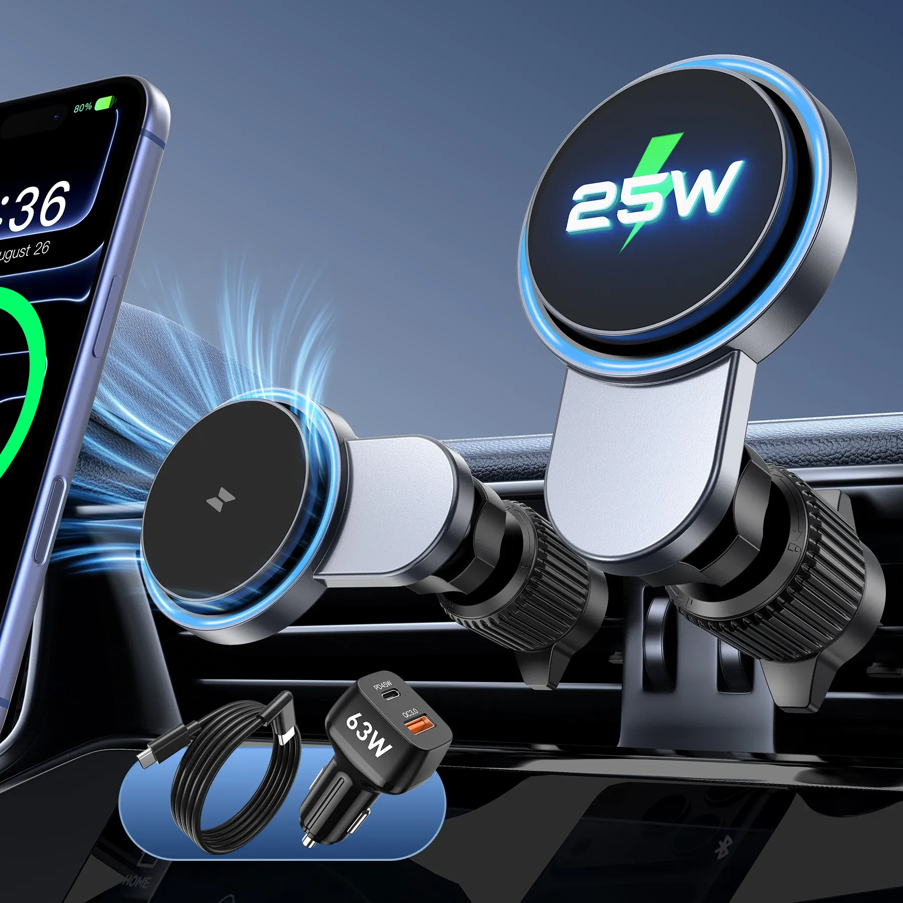Chargeur magnétique sans fil Qi2 25W pour voiture, avec chargeur allume-cigare 63W, compatible iPhone 17, 16 et 15 Pro Max, support de téléphone magnétique MagSafe à fixation rapide pour voiture