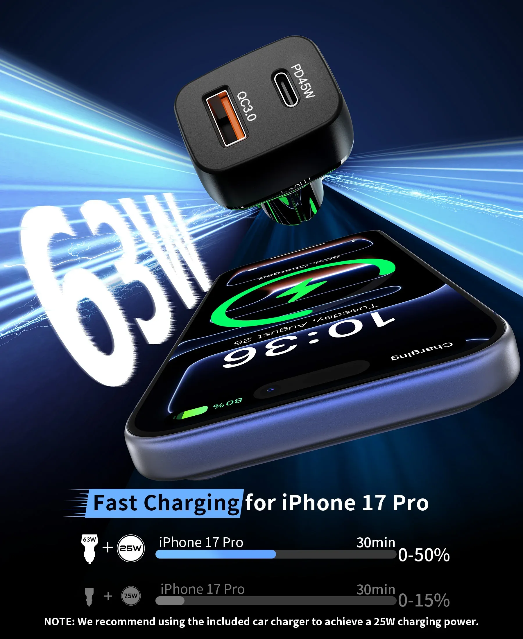 Chargeur magnétique sans fil Qi2 25W pour voiture, avec chargeur allume-cigare 63W, compatible iPhone 17, 16 et 15 Pro Max, support de téléphone magnétique MagSafe à fixation rapide pour voiture 6