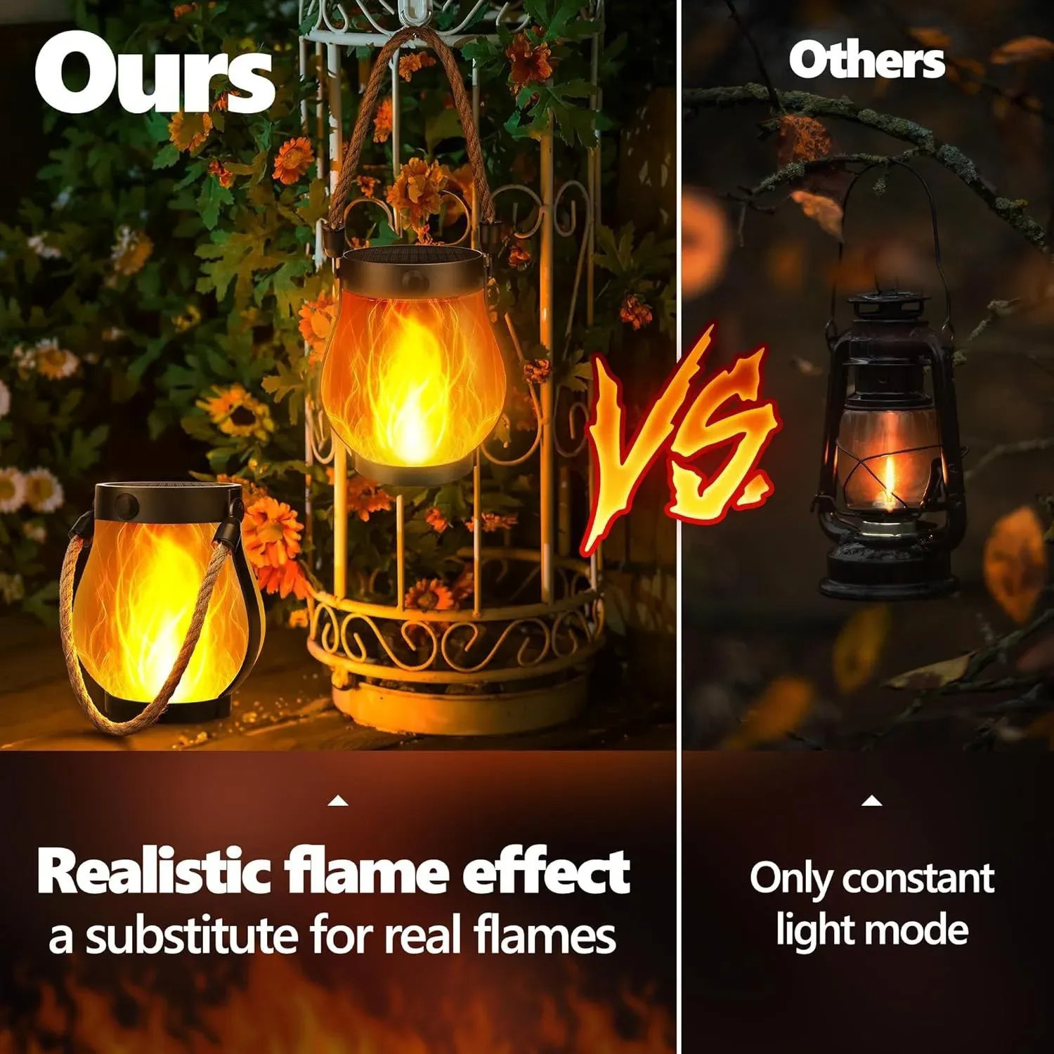 Lanterne solaire à flamme LED rechargeable USB-C, étanche et suspendue, avec effet de flamme vacillante 3D pour jardin, patio et camping 2