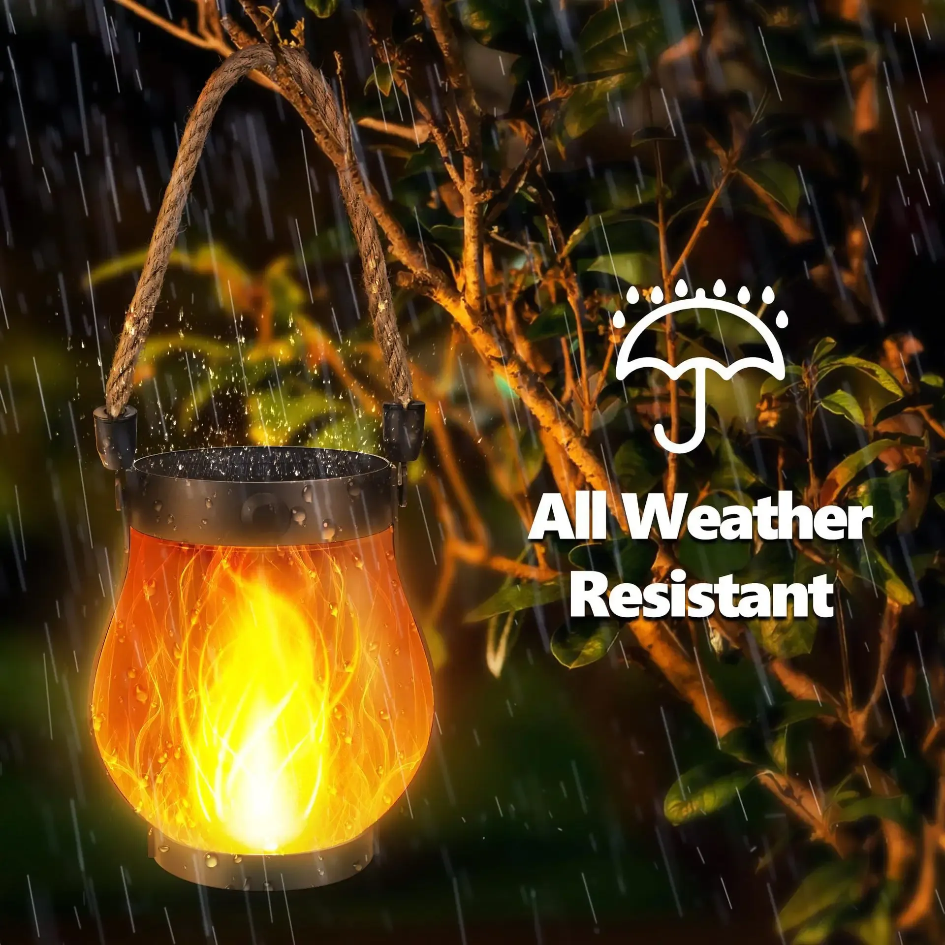 Lanterne solaire à flamme LED rechargeable USB-C, étanche et suspendue, avec effet de flamme vacillante 3D pour jardin, patio et camping 3