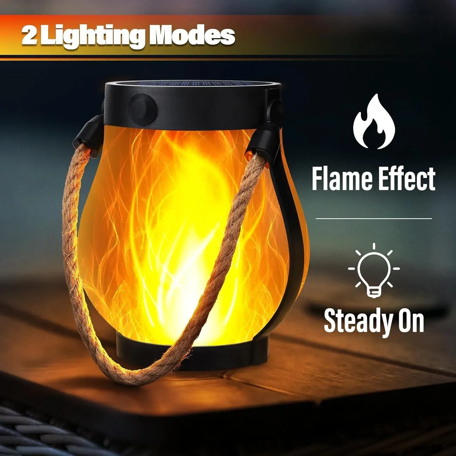 Lanterne solaire à flamme LED rechargeable USB-C, étanche et suspendue, avec effet de flamme vacillante 3D pour jardin, patio et camping