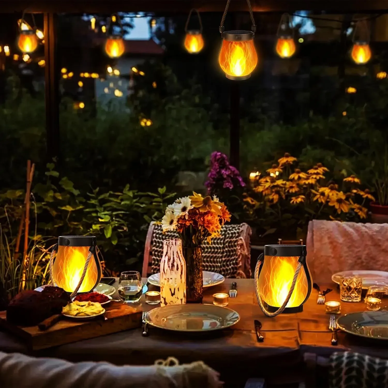 Lanterne solaire à flamme LED rechargeable USB-C, étanche et suspendue, avec effet de flamme vacillante 3D pour jardin, patio et camping 4