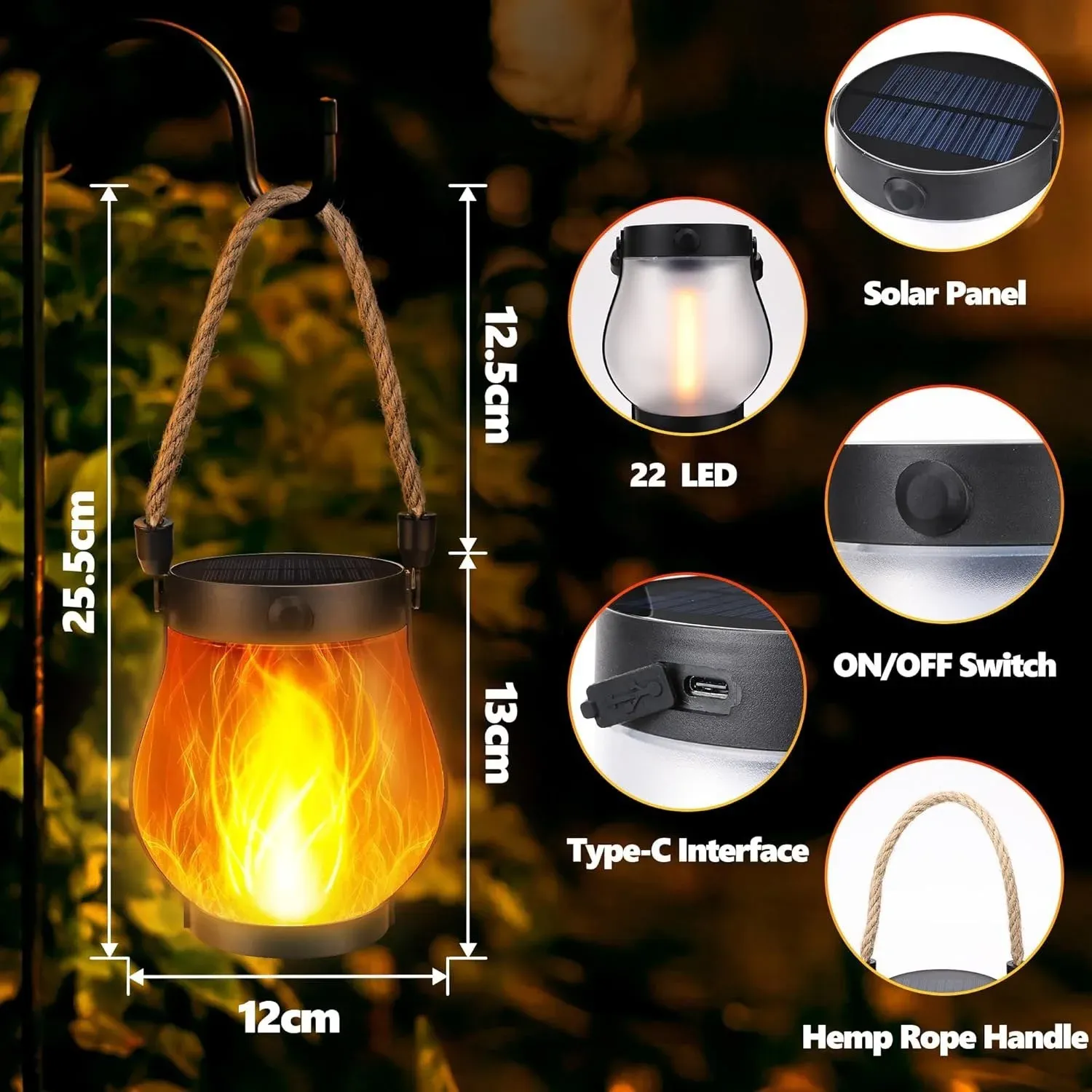 Lanterne solaire à flamme LED rechargeable USB-C, étanche et suspendue, avec effet de flamme vacillante 3D pour jardin, patio et camping 6