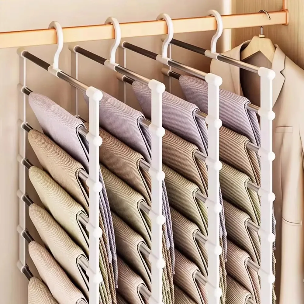 Porte-pantalon multi-niveaux pliable pour gain de place, organisateur de placard, support de rangement pour vêtements avec pinces antidérapantes 4