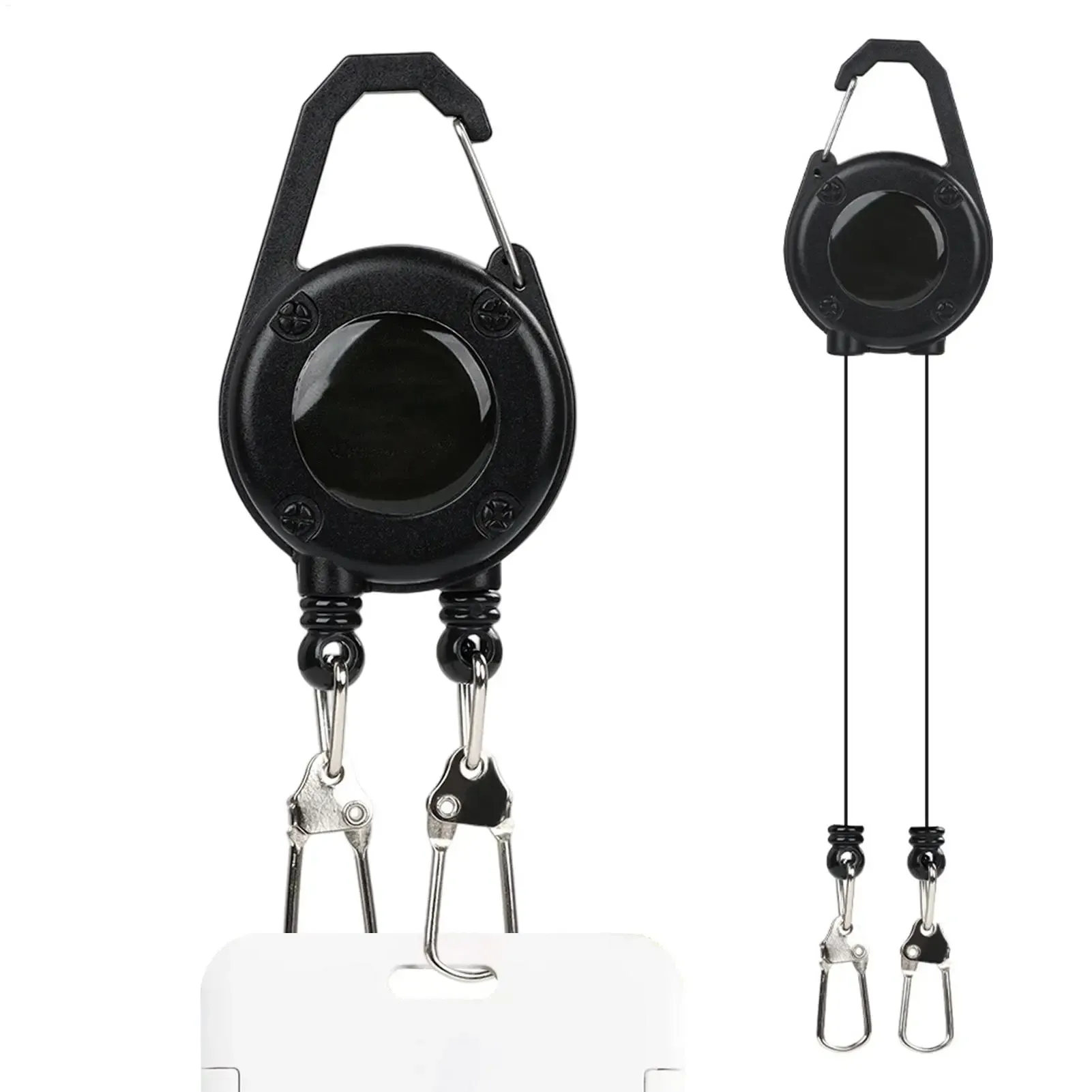 Porte-badge rétractable avec mousqueton double extrémité et clip ceinture, cordon en acier robuste, porte-clés, support d'identification pour activités de plein air, pêche et camping 1