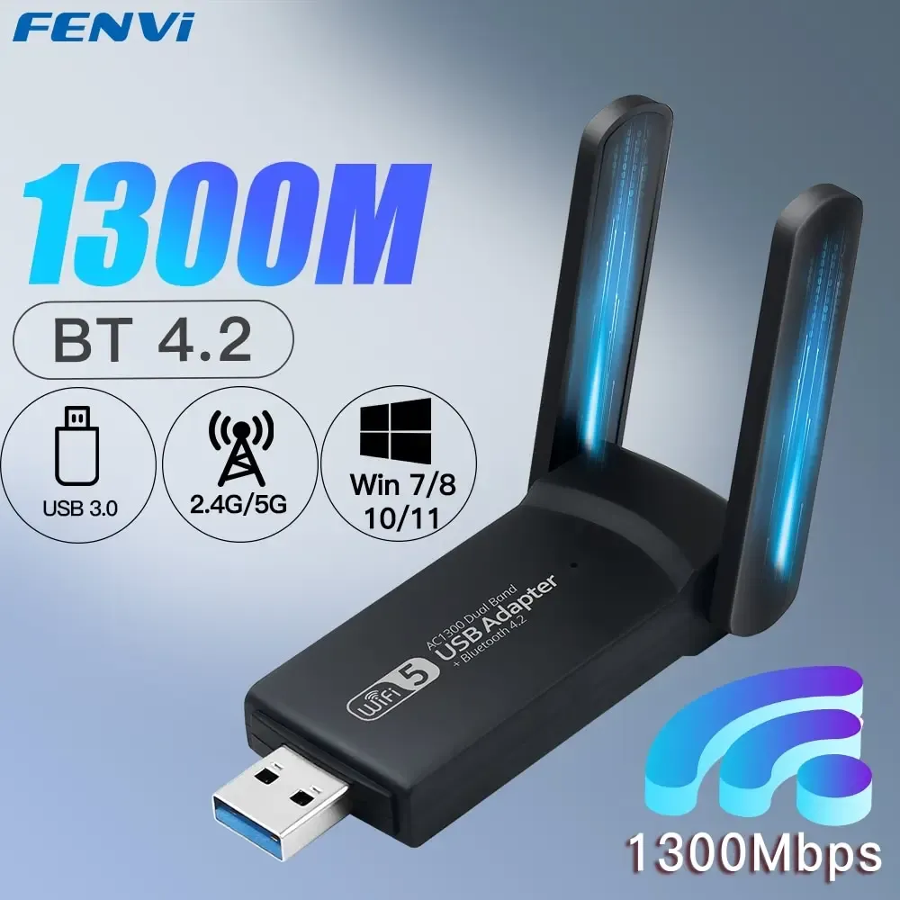 FENVI Adaptateur WiFi USB 3.0, récepteur sans fil pour ordinateur de bureau et portable, carte réseau 1300 Mbps, Bluetooth 4.2, bi-bande 2,4 GHz et 5 GHz