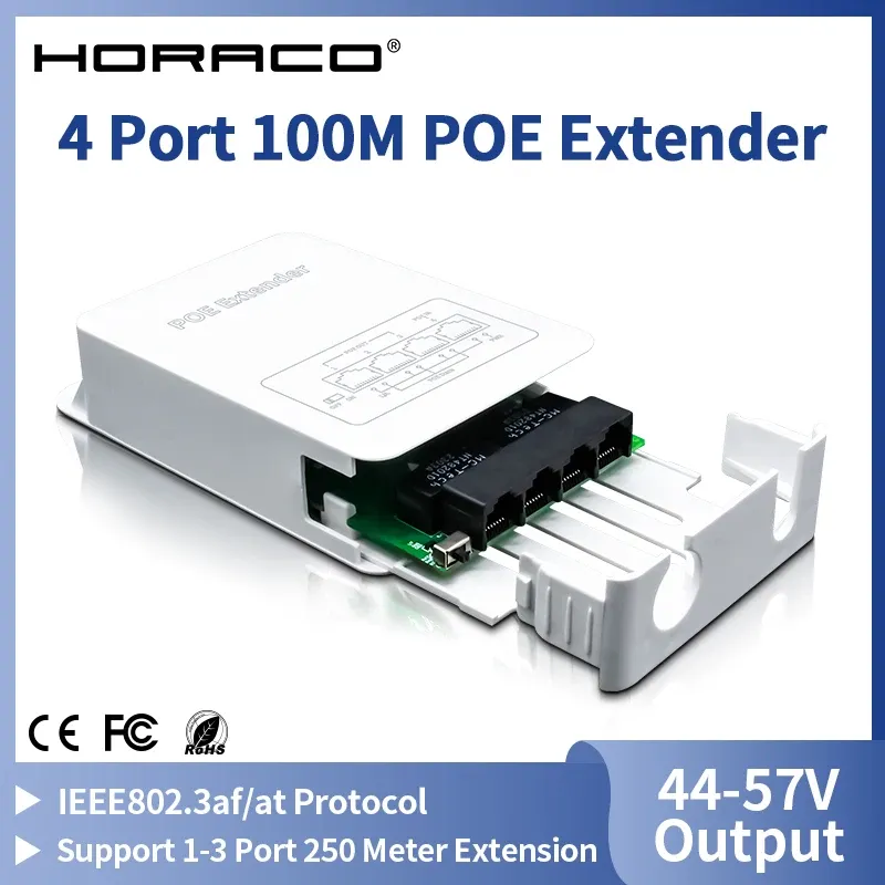 HORACO – Rallonge PoE 4 ports, 100 m, répéteur PoE extérieur étanche à la pluie, IP30, VLAN, 44-57 V, 30 W, pour caméra PoE et point d'accès sans fil