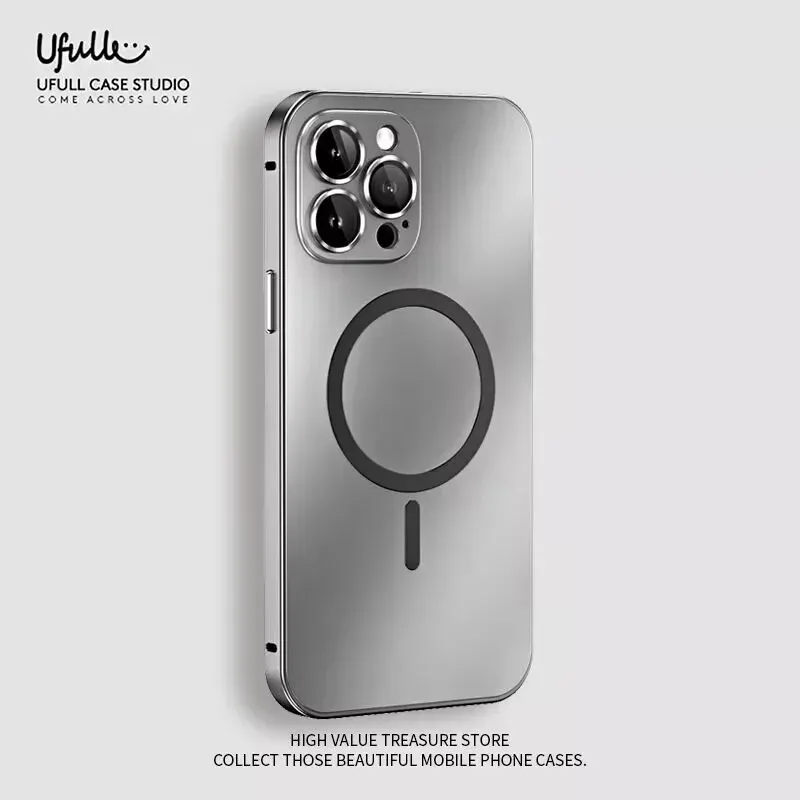 Coque magnétique en aluminium pour iPhone 12 à 18 Pro Max, compatible MagSafe, avec film de protection pour objectif et panneau arrière en PC
