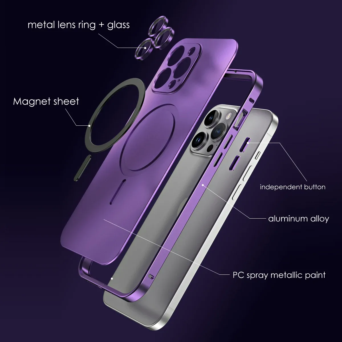Coque magnétique en aluminium pour iPhone 12 à 18 Pro Max, compatible MagSafe, avec film de protection pour objectif et panneau arrière en PC 5