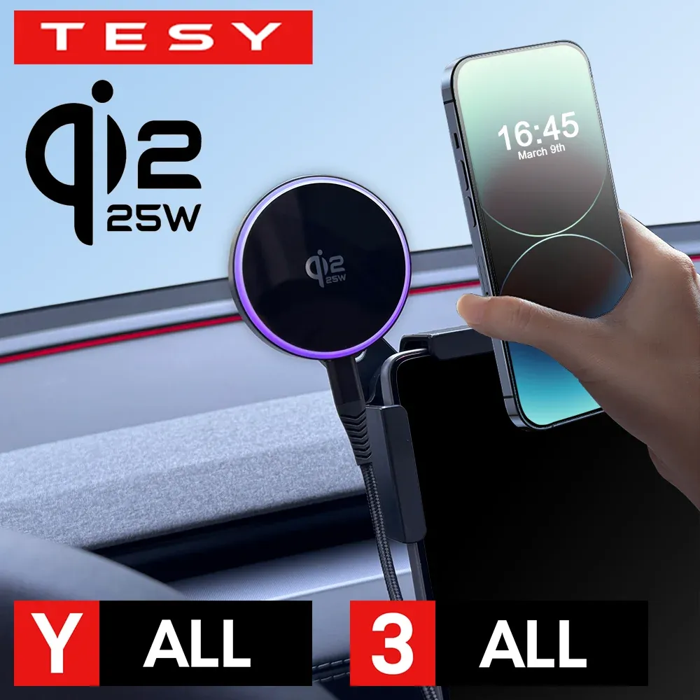Support de téléphone magnétique pour voiture Qi2.2 25W avec chargeur sans fil compatible MagSafe pour Tesla Model Y L JUNIPER 3 HIGHLAND 2026