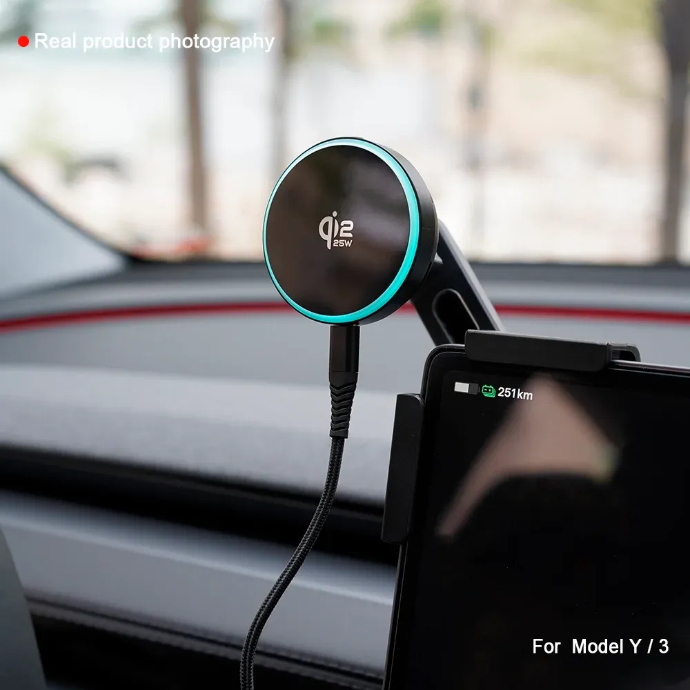 Support de téléphone magnétique pour voiture Qi2.2 25W avec chargeur sans fil compatible MagSafe pour Tesla Model Y L JUNIPER 3 HIGHLAND 2026 5