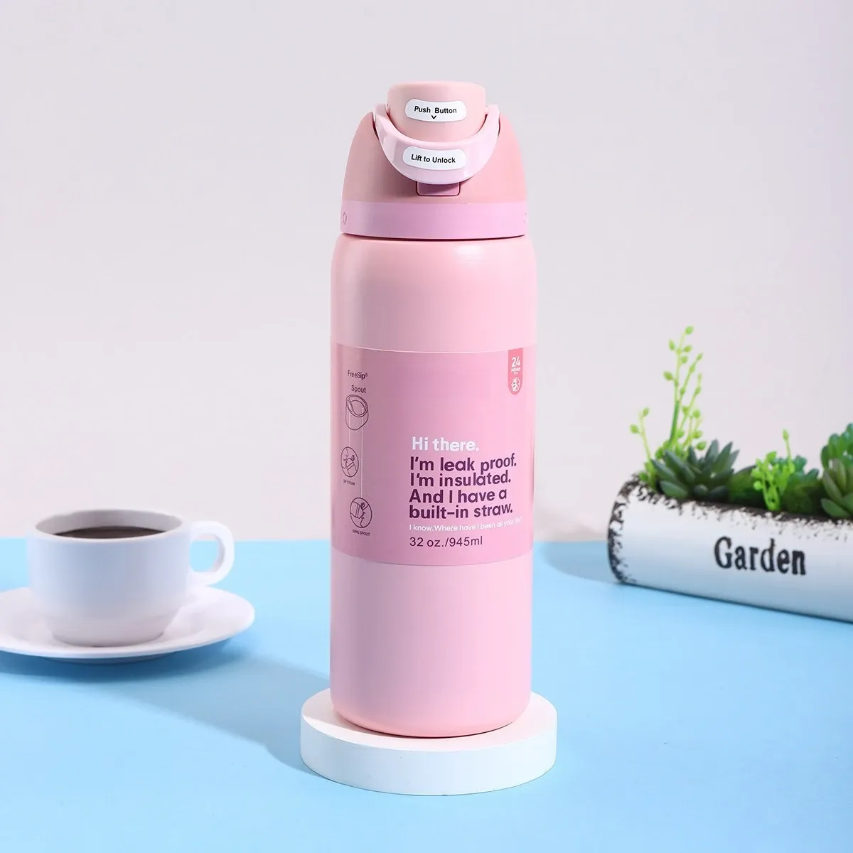 Bouteille d'eau isotherme en acier inoxydable 32 oz avec paille et couvercle anti-fuite 24