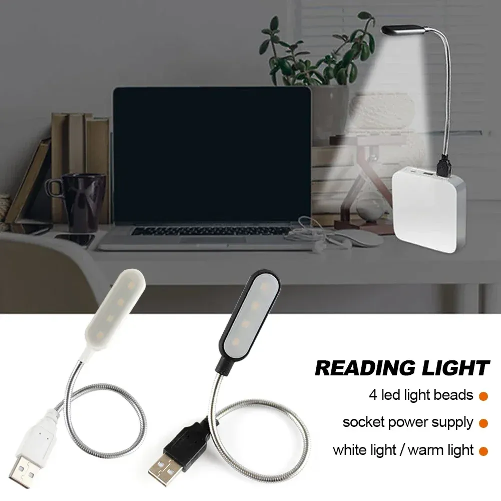 Mini lampe de lecture USB à 4 LED, lampe de nuit, lumière blanc chaud, lampe de table pour bureau, ordinateur portable et batterie externe 4