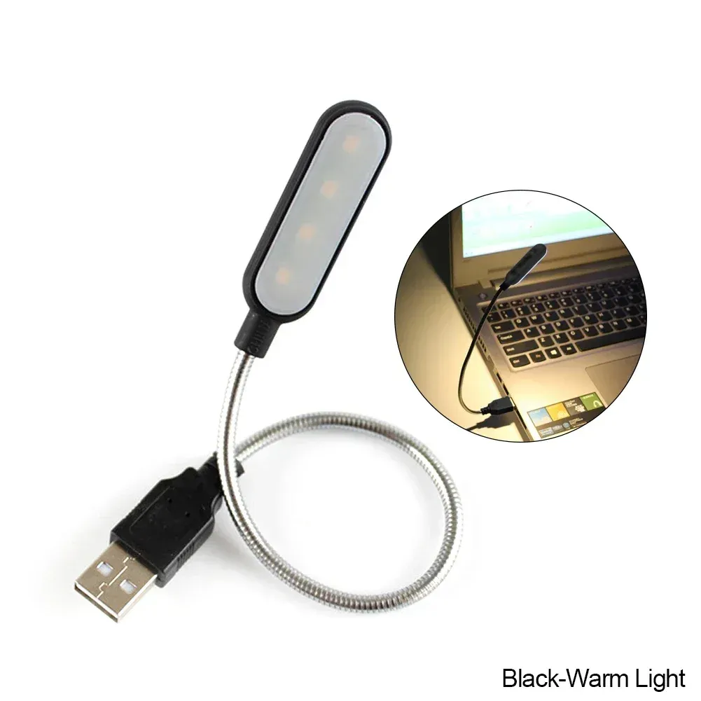Mini lampe de lecture USB à 4 LED, lampe de nuit, lumière blanc chaud, lampe de table pour bureau, ordinateur portable et batterie externe 10