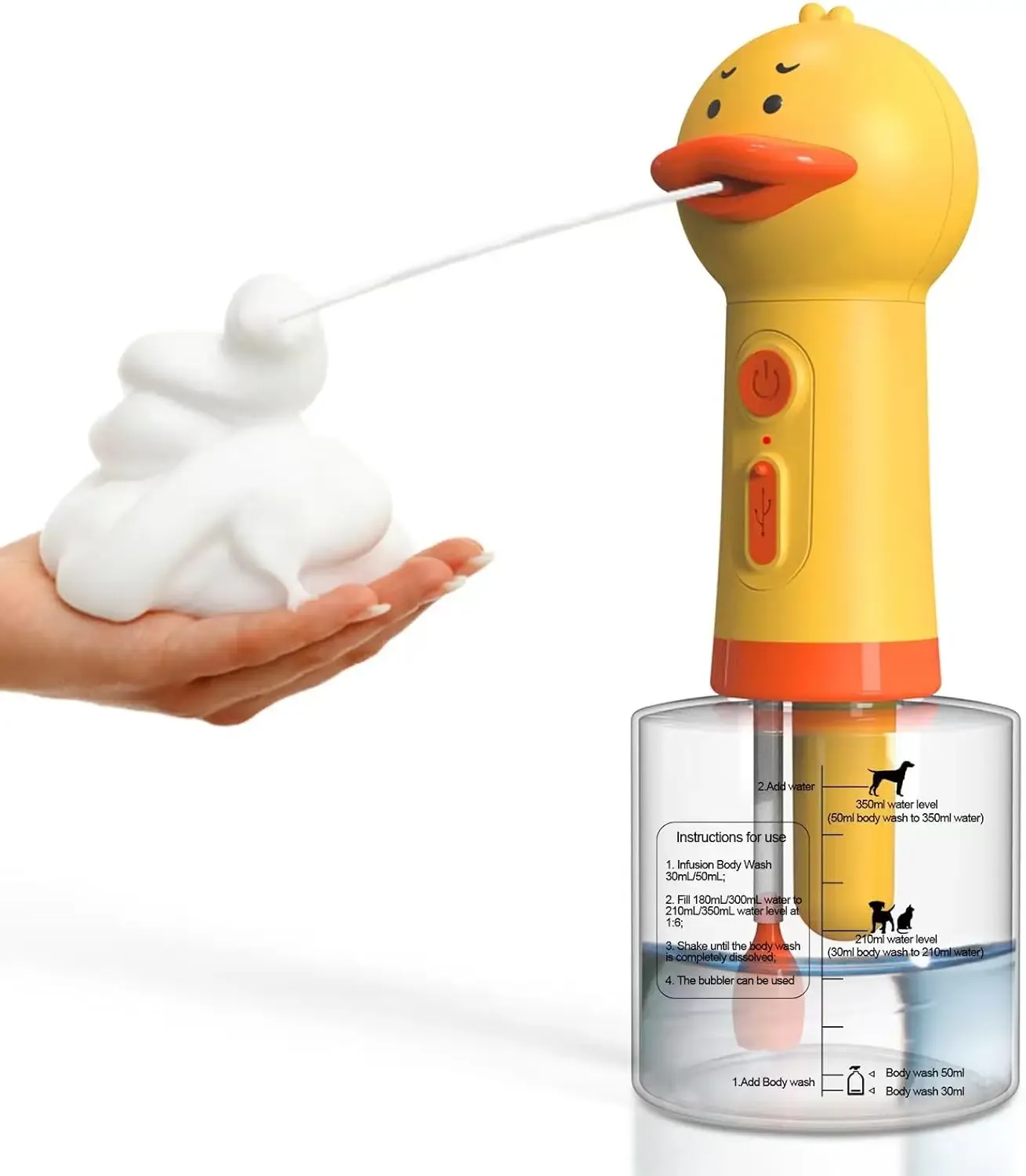Canard jaune nettoyant électrique pour animaux de compagnie avec distributeur de mousse automatique, rechargeable par USB 7