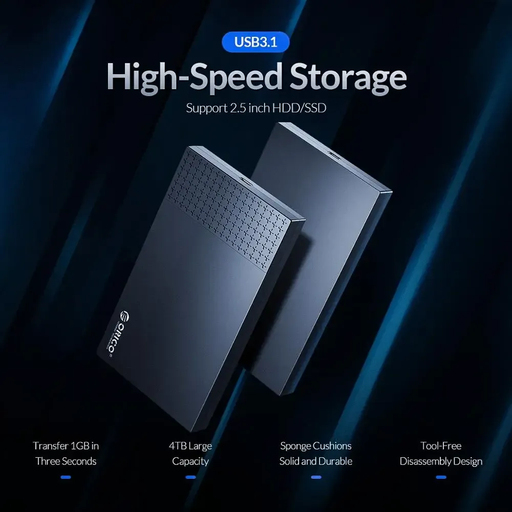 ORICO Boîtier USB 3.1 Type-C pour disque dur externe SATA 2,5 pouces, compatible HDD et SSD, vitesse de transfert 6 Gbps, prise en charge UASP 2