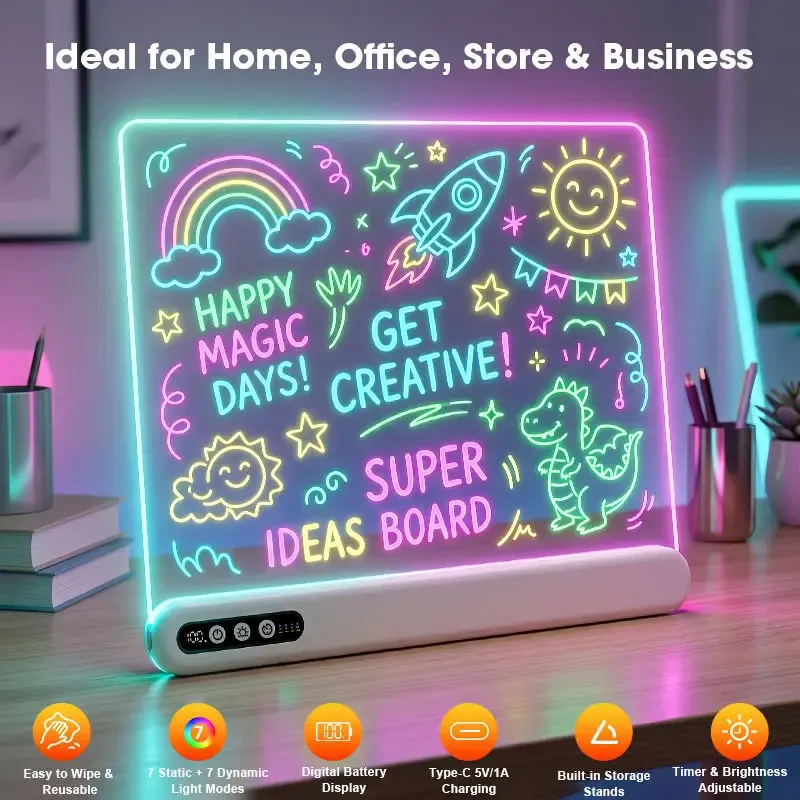 Tableau de dessin LED pour enfants, rechargeable, en acrylique lumineux, avec minuterie et support intégré, batterie numérique 3