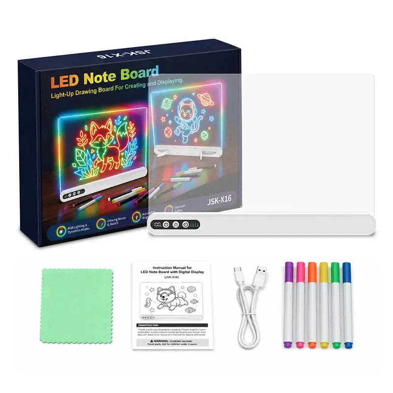 Tableau de dessin LED pour enfants, rechargeable, en acrylique lumineux, avec minuterie et support intégré, batterie numérique 7