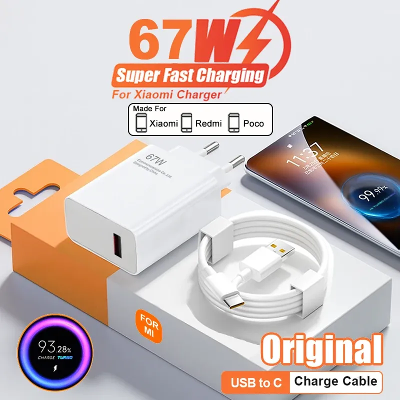 Chargeur Rapide d'Origine 67W pour Xiaomi 14, 13, 12, 11 Ultra, Redmi Note 12T 13 Pro, Turbo, Samsung avec Câble USB Type C Charge Rapide