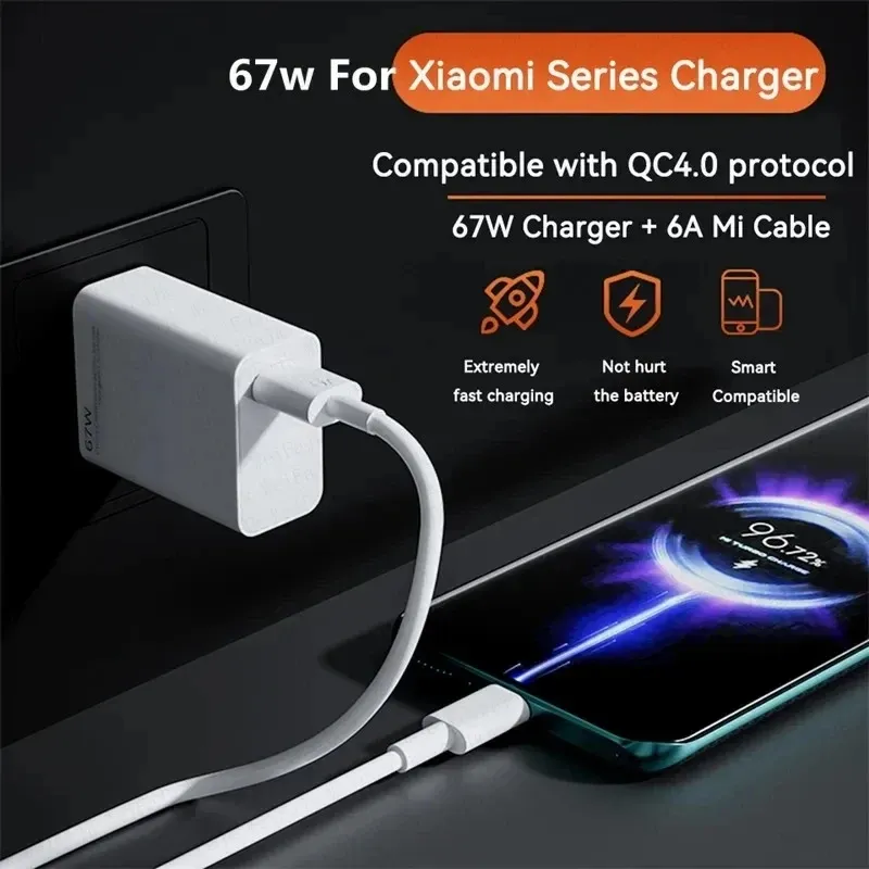Chargeur Rapide d'Origine 67W pour Xiaomi 14, 13, 12, 11 Ultra, Redmi Note 12T 13 Pro, Turbo, Samsung avec Câble USB Type C Charge Rapide 2