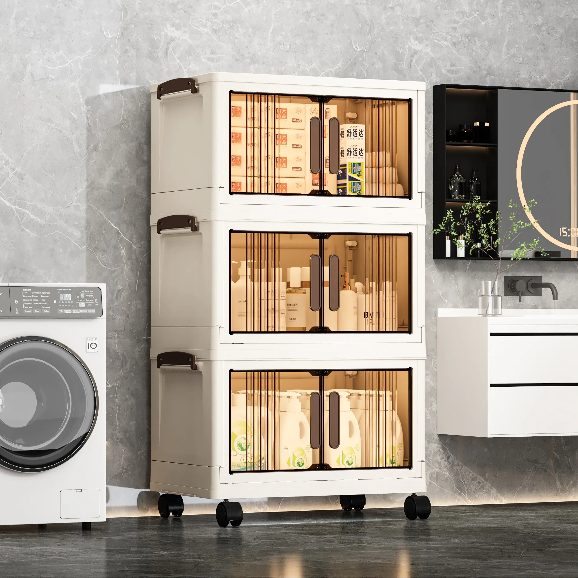 Armoire de rangement pliable 2/3/4/5 niveaux, 40 cm, multifonctionnelle en plastique, sans installation, avec portes, extra épaisse 3