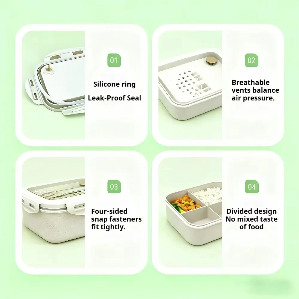 Boîte à lunch étanche en paille de blé avec ustensiles, idéale pour l'école et le travail, compatible micro-ondes 4