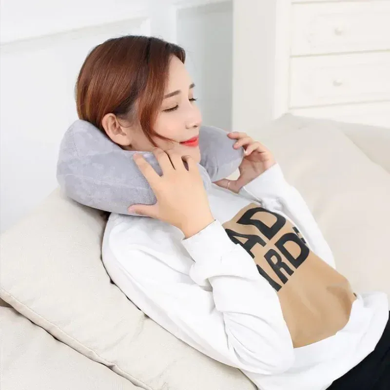 Ensemble d'oreiller cervical en forme de U avec masque pour les yeux et bouchons d'oreilles, oreiller de voyage gonflable pour avion 2