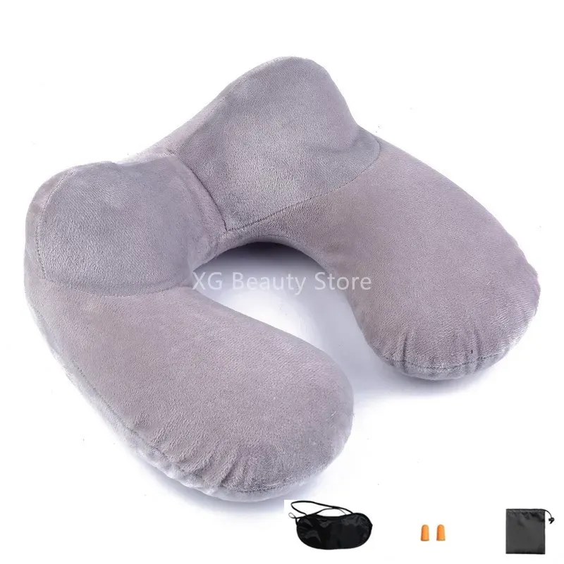 Ensemble d'oreiller cervical en forme de U avec masque pour les yeux et bouchons d'oreilles, oreiller de voyage gonflable pour avion 3