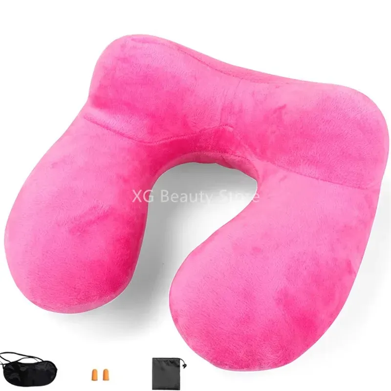 Ensemble d'oreiller cervical en forme de U avec masque pour les yeux et bouchons d'oreilles, oreiller de voyage gonflable pour avion 10