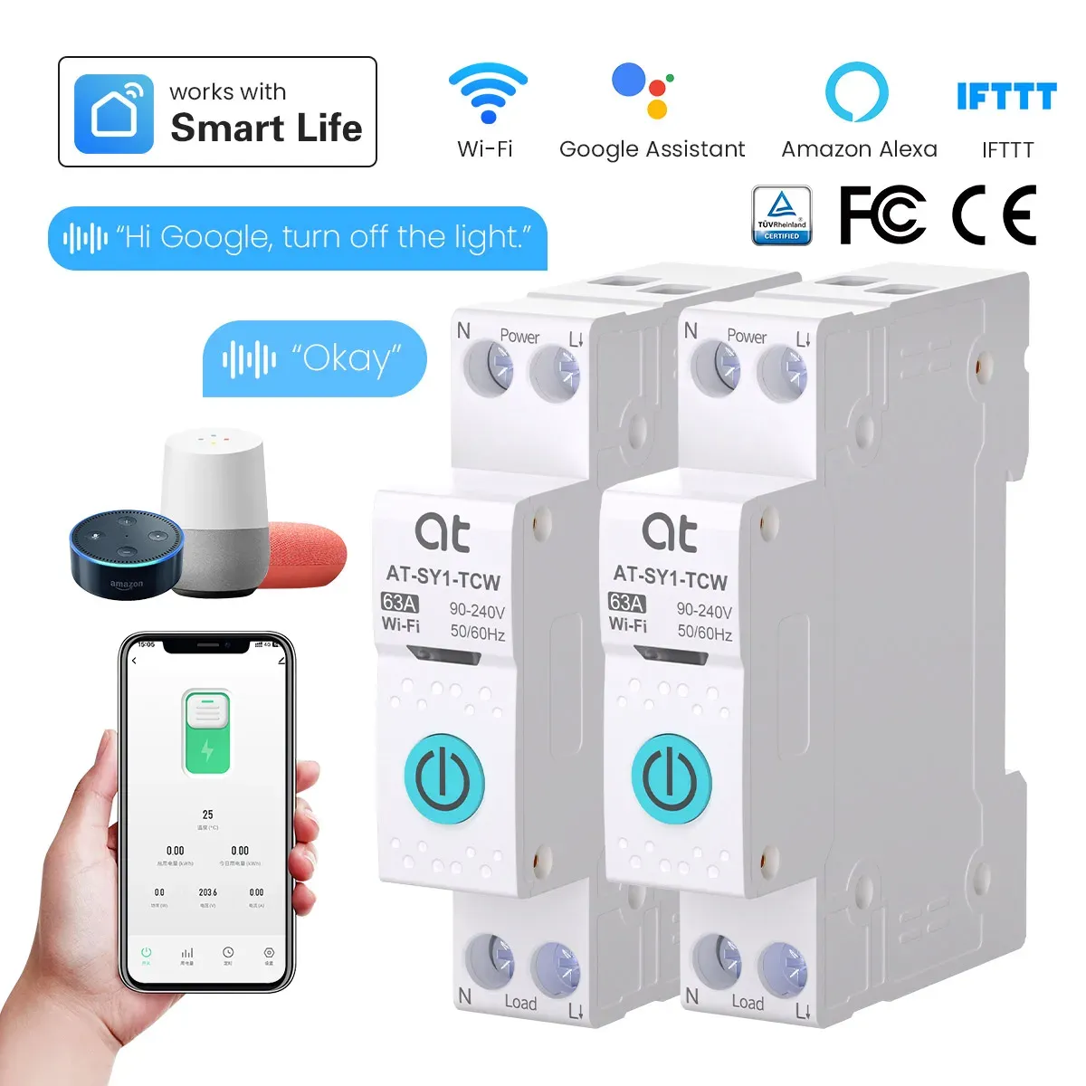 Disjoncteur intelligent WiFi Tuya 1P+N 63A avec mesure d'énergie (kWh), tension et courant 1