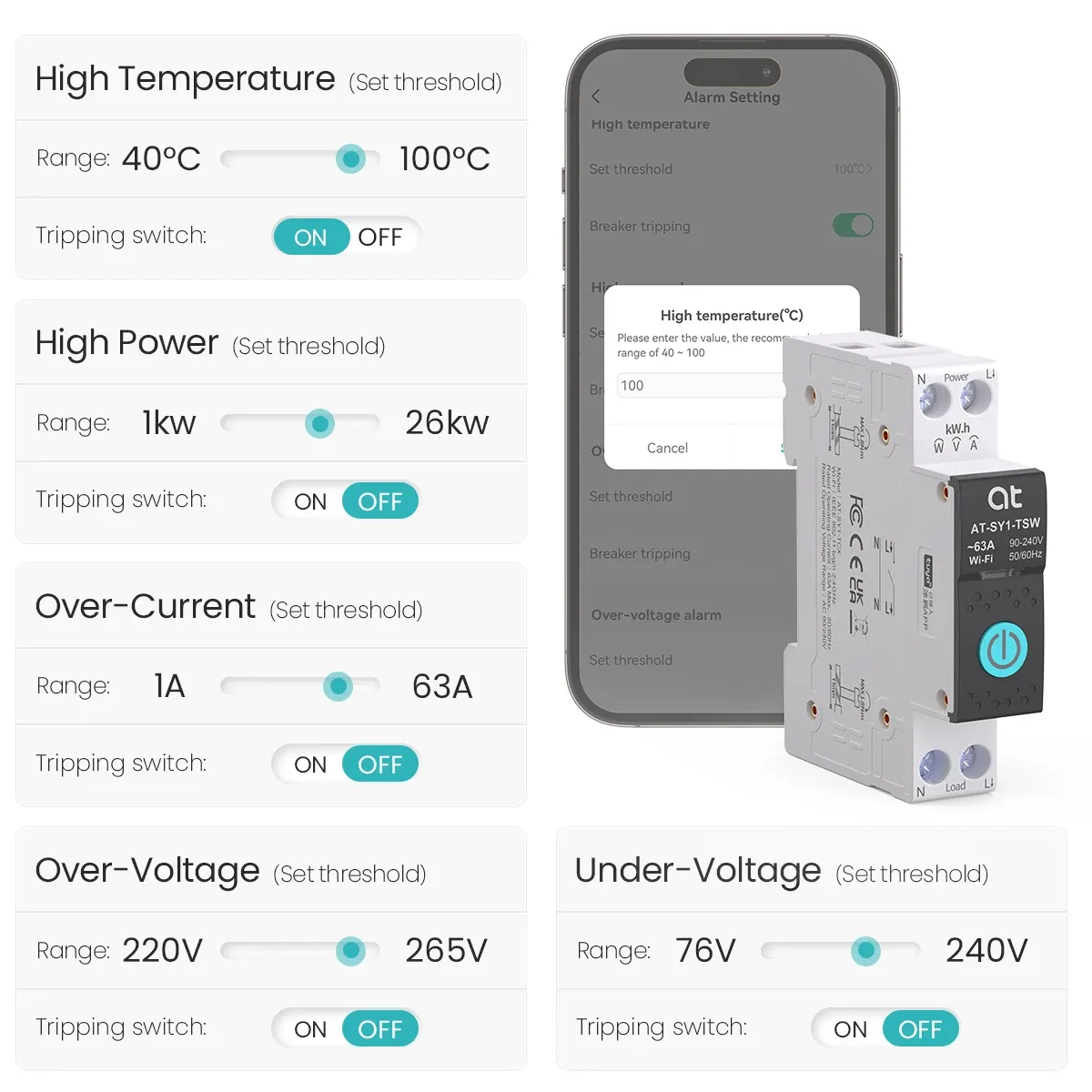 Disjoncteur intelligent WiFi Tuya 1P+N 63A avec mesure d'énergie (kWh), tension et courant 2