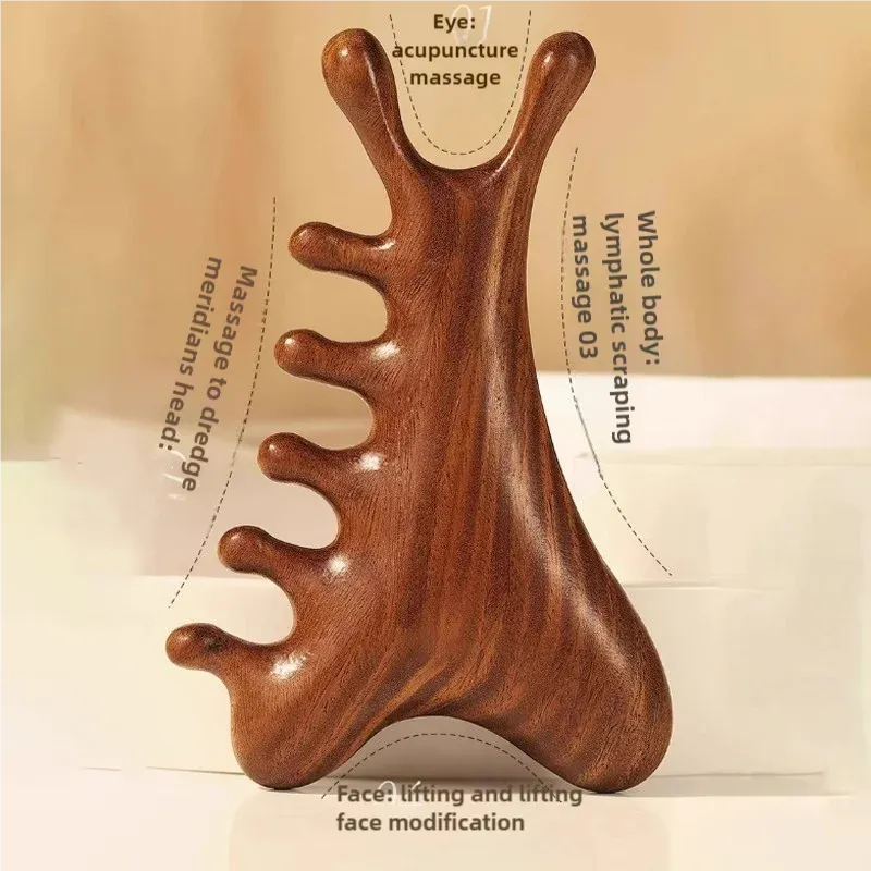 Masseur de tête et de corps 4 en 1 en bois de santal : outil de massage pour le cou, le visage et les points d'acupuncture, avec peigne et grattoir nasal 1