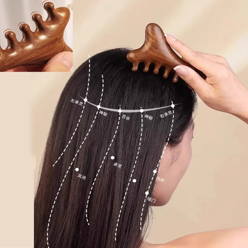 Masseur de tête et de corps 4 en 1 en bois de santal : outil de massage pour le cou, le visage et les points d'acupuncture, avec peigne et grattoir nasal 3