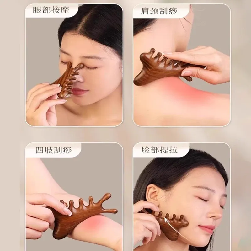 Masseur de tête et de corps 4 en 1 en bois de santal : outil de massage pour le cou, le visage et les points d'acupuncture, avec peigne et grattoir nasal 2