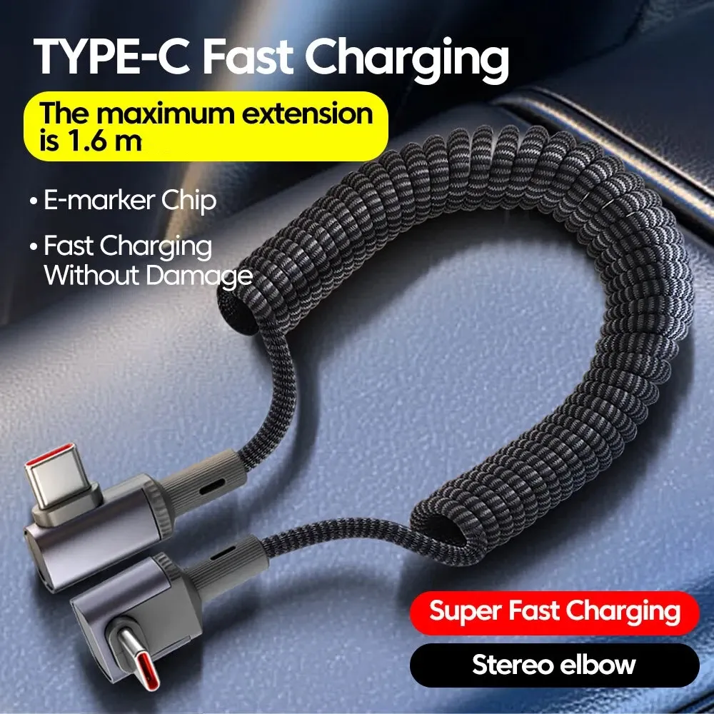 Câble de données spiralé USB-C vers USB-C 100 W, charge ultra-rapide, câble de charge mobile double Type-C, rétractable pour voiture, compatible iPhone et Samsung