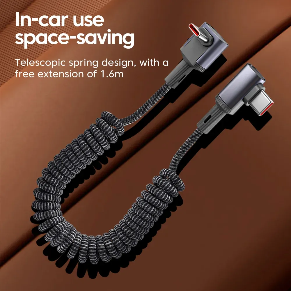 Câble de données spiralé USB-C vers USB-C 100 W, charge ultra-rapide, câble de charge mobile double Type-C, rétractable pour voiture, compatible iPhone et Samsung 3