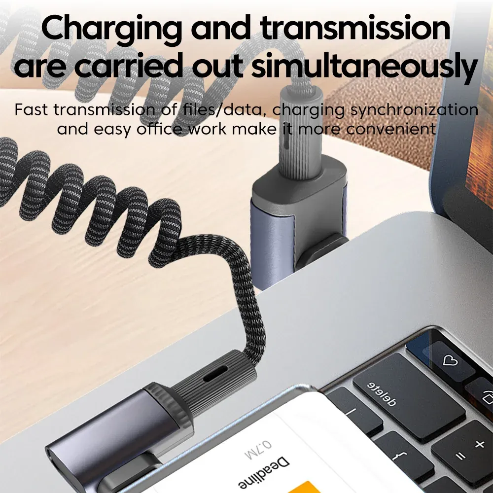 Câble de données spiralé USB-C vers USB-C 100 W, charge ultra-rapide, câble de charge mobile double Type-C, rétractable pour voiture, compatible iPhone et Samsung 6