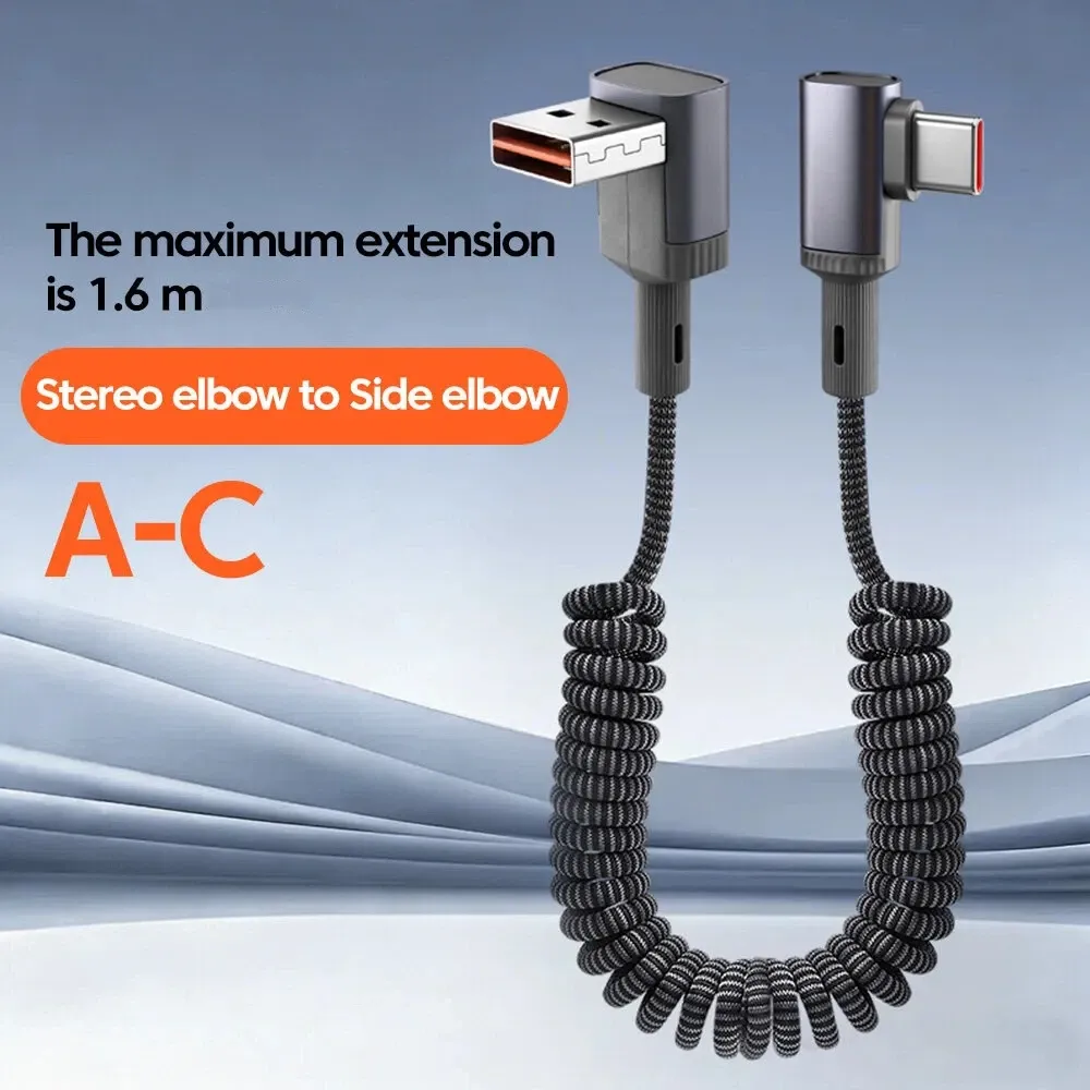 Câble de données spiralé USB-C vers USB-C 100 W, charge ultra-rapide, câble de charge mobile double Type-C, rétractable pour voiture, compatible iPhone et Samsung 11