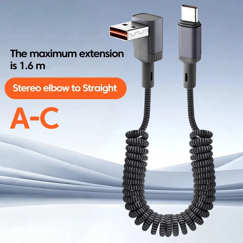 Câble de données spiralé USB-C vers USB-C 100 W, charge ultra-rapide, câble de charge mobile double Type-C, rétractable pour voiture, compatible iPhone et Samsung 8
