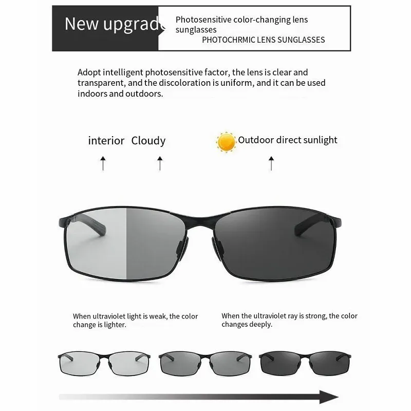 Lunettes de soleil polarisées photochromiques à monture rectangulaire en métal pour homme 4