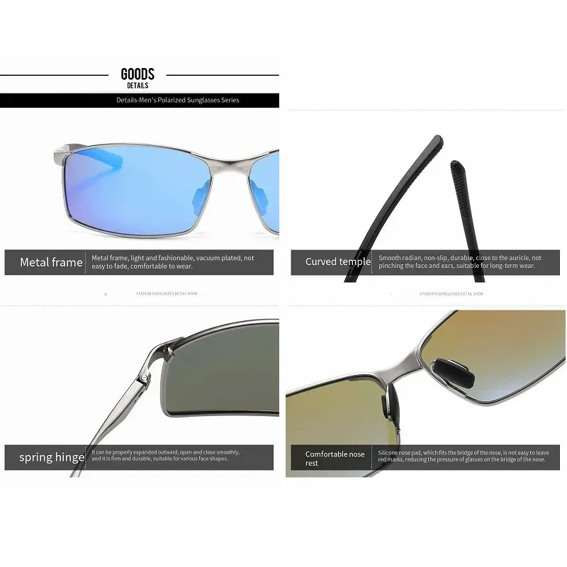 Lunettes de soleil polarisées photochromiques à monture rectangulaire en métal pour homme 6