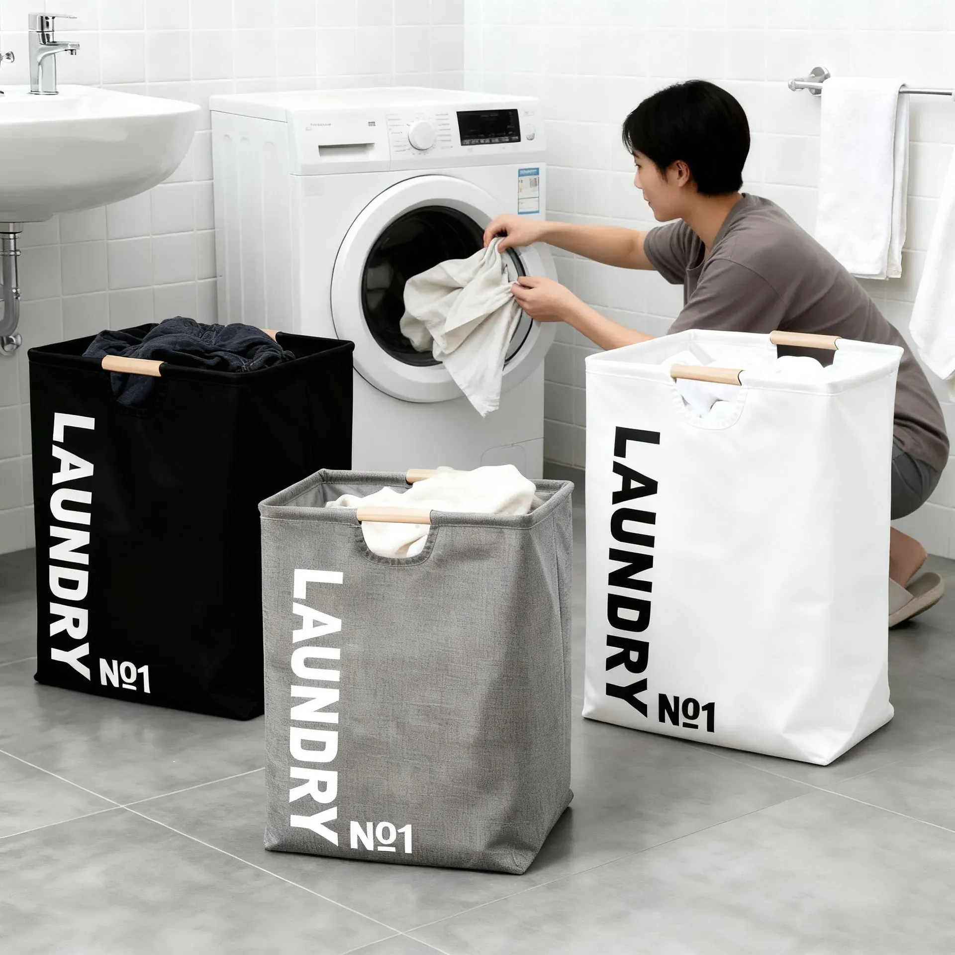Panier à linge pliable en tissu avec poignées, grande capacité et étanche pour la maison et la salle de bain 3